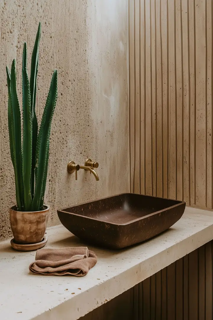 Visualización de un baño con lavamanos de madera y muros continuos