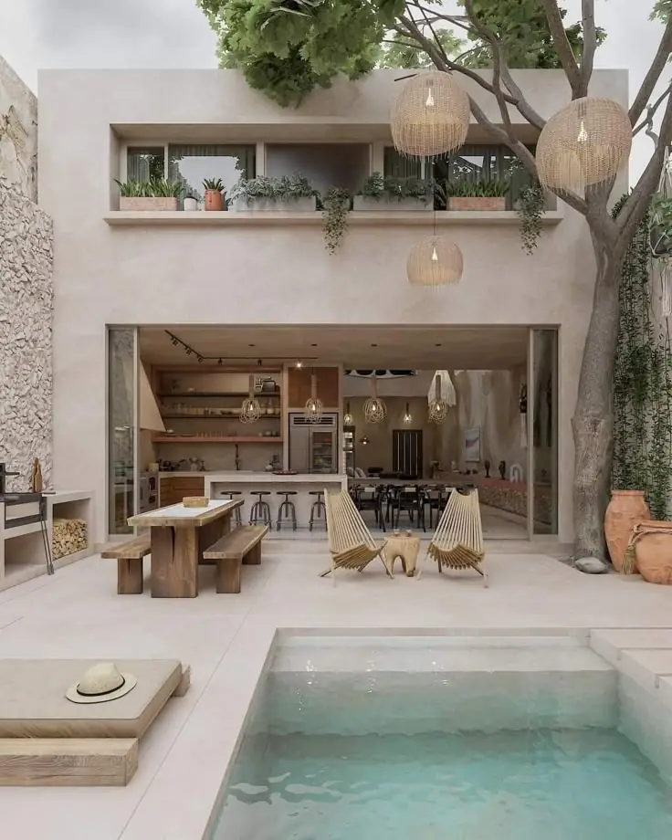Visualización de una casa de muros continuos con patio y piscina