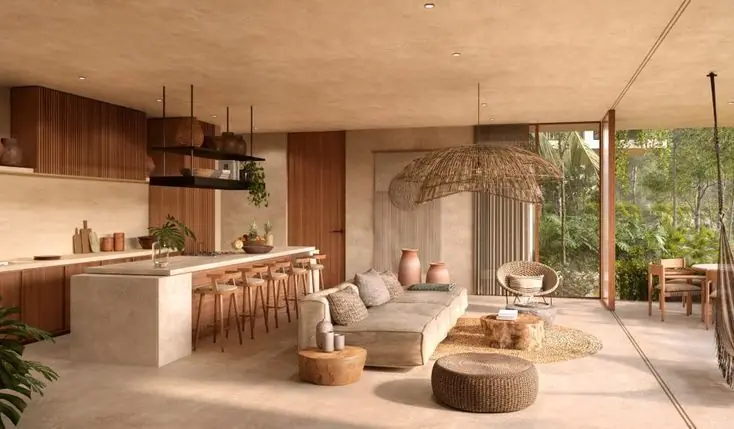 Visualización de un living abierto hacia el jardín